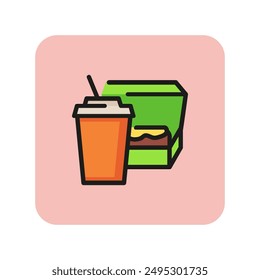 Coffee cup and sandwich in box line icon. Takeout lunch, fast food, snack. Takeaway food concept. Vector illustration can be used for topics like food, service, unhealthy eating