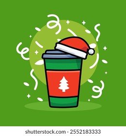 A coffee cup with santa hat. Isolated Vector Illustration