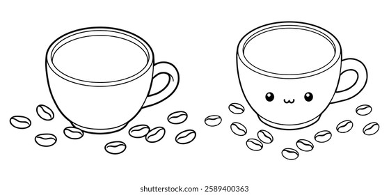 A coffee cup and saucer with coffee beans  Vector illustration with white background