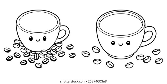 A coffee cup and saucer with coffee beans  Vector illustration with white background