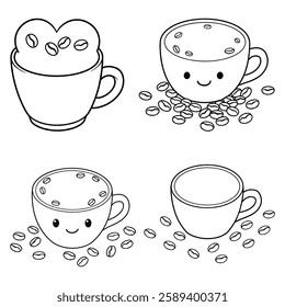 A coffee cup and saucer with coffee beans  Vector illustration with white background