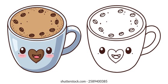 A coffee cup and saucer with coffee beans  Vector illustration with white background