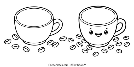 A coffee cup and saucer with coffee beans  Vector illustration with white background
