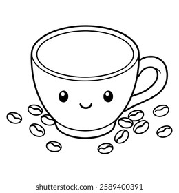 A coffee cup and saucer with coffee beans  Vector illustration with white background