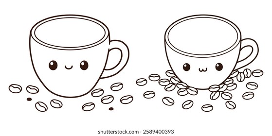A coffee cup and saucer with coffee beans  Vector illustration with white background
