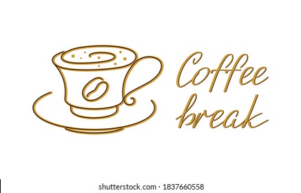 Coffee cup with saucer and coffee break hand lettering on a white background. Vector Icon, logo for coffee house, coffee shop, cafe, restaurant, cafeteria, packaging, wrapper, menu, label or signboard