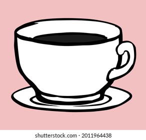 Coffee cup with saucer. Hand drawn black and white illustration.
