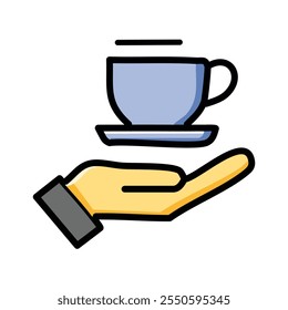 Coffee cup and saucer in hand vector illustration, flat design.