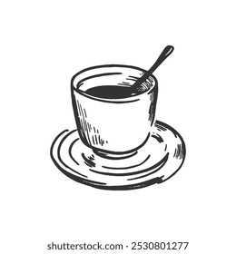 Coffee Cup and Saucer. A hand-drawn illustration of a coffee cup and saucer with a spoon resting on the saucer. The image is in black and white and has a vintage, sketch-like style.