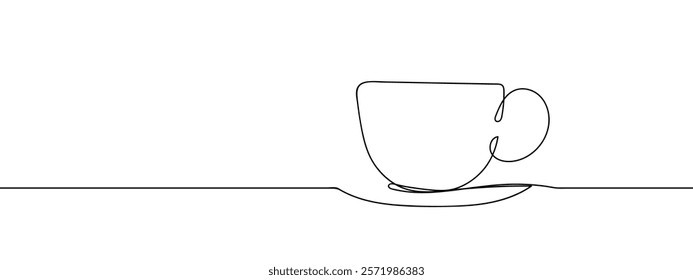 Coffee cup in saucer with handle turned to the right Line art vector illustration with transparent background.