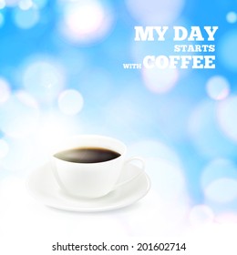 Coffee cup and saucer on a blue bokeh background. Vector illustration.