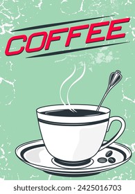 Kaffeetasse und Untertasse auf einem grünen Grunge Textur Vektor-Design