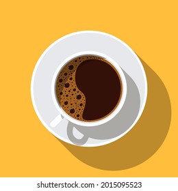 Coffee cup with saucer and shadow. Top view. Hot coffee drink mug - espresso, americano. Coffee with foam. Breakfast concept. Beverage menu for restaurant or cafe. Vector illustration