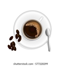 Coffee cup, saucer and spoon. Hot drink