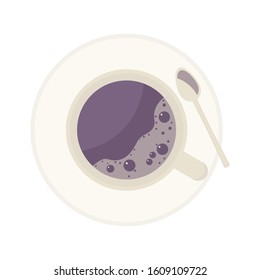 Coffee cup with saucer and spoon top view. Tasty coffee or tea. Warm colors. Morning coffee cup with bubbles. Flat vector illustration