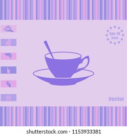 Coffee cup with saucer and spoon vector icon. Illustration on flat design style. Image suitable as logo for cafe, menu, coffee shop
