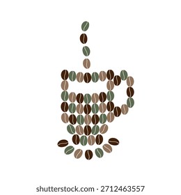 Kaffeetasse mit Untertasse und Dampf aus mehrfarbigen Kaffeebohnen Minimalistisches flaches Design-Element. Isolierte Vektorgrafik Kaffee Tag Grüße Thematische Karten Social Media Post Promo Materialien