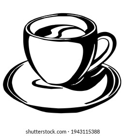 Coffee cup with saucer, vector, illustration, in black and white color, isolated on white background