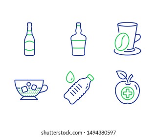 Coffee cup, Scotch bottle and Water bottle line icons set. Cold coffee, Medical food signs. Latte drink, Brandy alcohol, Still drink. Ice cubes in beverage. Food and drink set. Vector