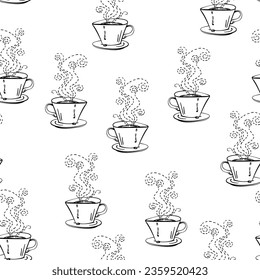 Coffee cup seamless background, Repeating hand drawn illustration of cup of coffee with dotted line curls of steam stylized sketch black and white pattern
