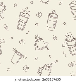 Coffee cup seamless pattern. Black doodle style. Vector cafe beverage background