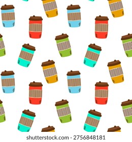 Coffee cup seamless pattern. Colorful take away paper cups background for cafe decor, kitchen textile, and food wrapping paper flat vector design.