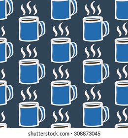 Coffee cup. Seamless pattern with doodle coffee mugs and steam. Hand-drawn sketch background. Vector illustration. 