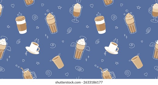 Taza de café sin patrón con garabatos. Plantilla de Fondo de pantalla de café de estilo plano. Taza de adorno de bebida caliente