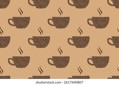 A coffee cup seamless pattern. A dotted 3d coffee cups brown background. A coffee or tea cup background. A coffee break illustration.