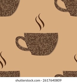A coffee cup seamless pattern. A dotted 3d coffee cups brown background. A coffee or tea cup background. A coffee break illustration.