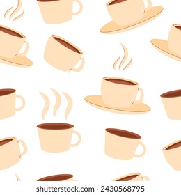 Coffee cup seamless pattern. Espresso and tea mugs endless background. Hot drinks cover. Vector flat illustration.