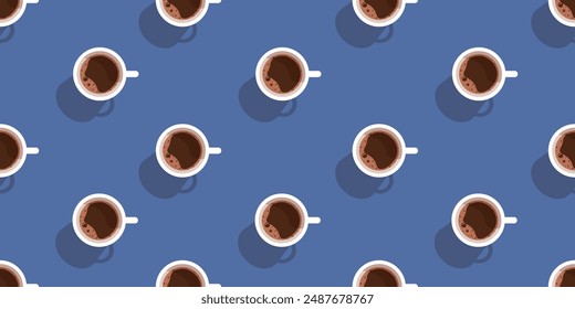 Coffee cup seamless pattern. Flat style coffee wallpaper template. 3d cup of hot drink ornament. Realistic vector aesthetic can used wrapping paper, fabric, cloth print. EPS 10