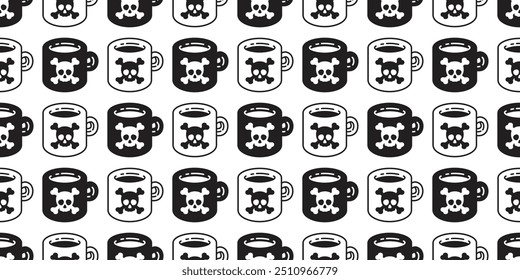 coffee cup seamless pattern Halloween skull crossbones vector cartoon character poison doodle tile background gift wrapping paper repeat wallpaper scarf isolated illustration design