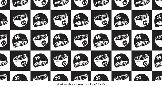 coffee cup seamless pattern Halloween skull crossbones vector cartoon character checked doodle tile background gift wrapping paper repeat wallpaper scarf isolated illustration design