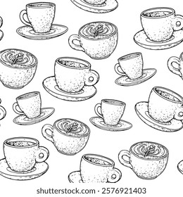 Coffee cup seamless pattern. Hand drawn vector illustration. Coffee cup sketch.