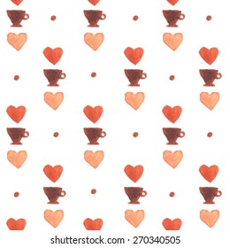 coffee cup seamless pattern. cup and heart pattern. watercolor cup illustration. Hand drawn watercolor cups. retro coffee pattern. small cup. coffee  love. i love coffee