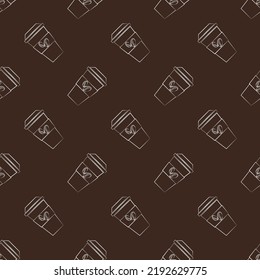 Coffee cup seamless pattern. Icon cup coffee in line art style. Icon coffee to go. Concept takeaway drink, food. Design for print on wrapping paper, packing, wallpaper, fabric. Vector illustration