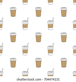 Coffee cup seamless pattern isolated on white background. Coffee to go cups and coffee beans pattern.
