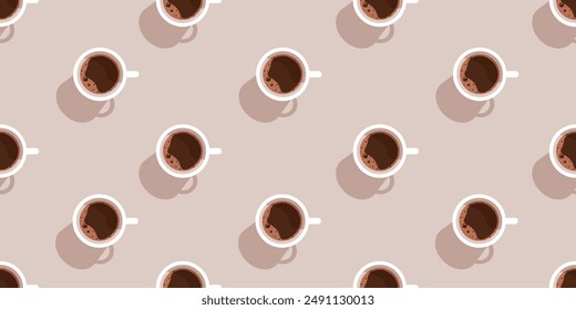 Patrón sin fisuras de taza de café. Decoración espresso realista. Un americano. Estética de Vector plano puede utilizar tela, textil, impresión de la pared. EPS 10