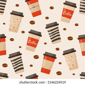 Coffee cup seamless pattern. Repeating image for printing on linens or wrapping paper. Hot refreshing drinks in morning, caffeine and coffee shop, restaurant. Cartoon flat vector illustration