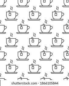 Coffee cup seamless pattern. Sketch tea and coffee cups, hot drinks various mugs black outline, cafeteria wallpaper engraving vector texture. Takeaway paper cups, design for coffee house esp