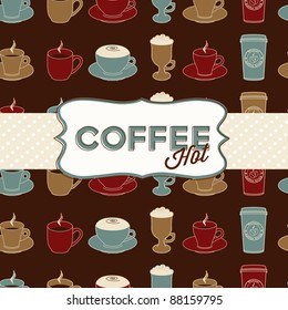 Coffee cup seamless pattern with tag. Template of vintage design