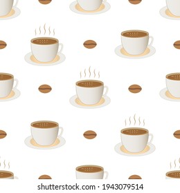 Coffee cup seamless pattern vector on isolated white background. Cute steaming cartoon coffee cups with decorative coffee beans. For backdrop, wallpaper, wrapping paper. Printable Eps 10 file format.