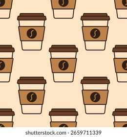 Coffee cup seamless pattern vector illustration. Repeating background tile design element. Endless backdrop template. Fashion print, textile texture. Wrapping gift paper.