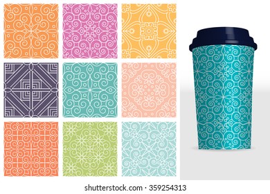 Coffee cup with Seamless pattern. Vintage decorative elements. Hand drawn background. Islam, Arabic, Indian, ottoman motifs. Perfect for printing on fabric or paper.