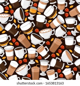 Coffee cup seamless pattern, wrapping paper or textile print, cafe background, vector illustration. Many different cups and glasses of coffee drinks