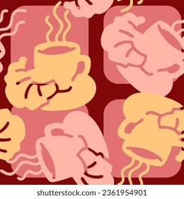 Coffee cup seamless vector pattern. Tasty morning with hot drink and fresh Croesan in cafe or restaurant. Hand made design illustration for wrapping paper, textile print, menu and promotion background