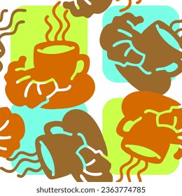 Coffee cup seamless vector pattern. Tasty morning with hot drink and fresh Croesan in cafe or restaurant. Hand made design illustration for wrapping paper, textile print, menu and promotion background