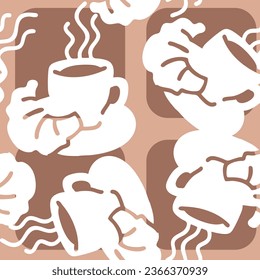 Coffee cup seamless vector pattern. Tasty morning with hot drink and fresh Croesan in cafe or restaurant. Hand made design illustration for wrapping paper, textile print, menu and promotion background