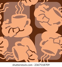 Coffee cup seamless vector pattern. Tasty morning with hot drink and fresh Croesan in cafe or restaurant. Hand made design illustration for wrapping paper, textile print, menu and promotion background